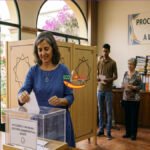 Una mujer de origen español depositando su voto secreto en una urna transparente durante unas elecciones administrativas bahá'ís locales, con el cartel de "PROCESO DE CONSULTA Y SERVICIO A LA COMUNIDAD" de fondo.
