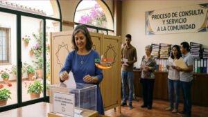Una mujer de origen español depositando su voto secreto en una urna transparente durante unas elecciones administrativas bahá'ís locales, con el cartel de "PROCESO DE CONSULTA Y SERVICIO A LA COMUNIDAD" de fondo.