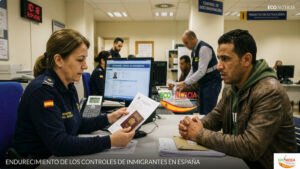 Funcionaria de inmigración en España revisando el pasaporte y antecedentes penales de un solicitante en una oficina oficial.