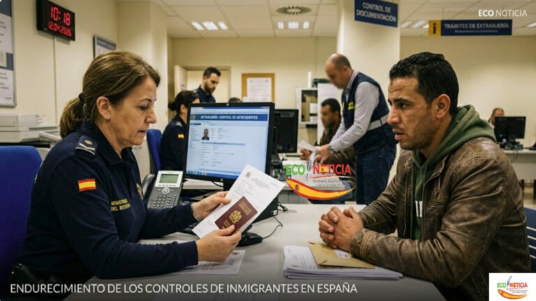 Funcionaria de inmigración en España revisando el pasaporte y antecedentes penales de un solicitante en una oficina oficial.