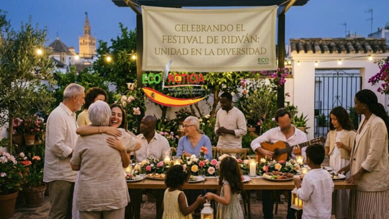 Una vista íntima de una celebración comunitaria del Festival de Ridván en España, con personas reunidas en un jardín andaluz decorado con rosas y farolillos, celebrando la unidad y la fe.