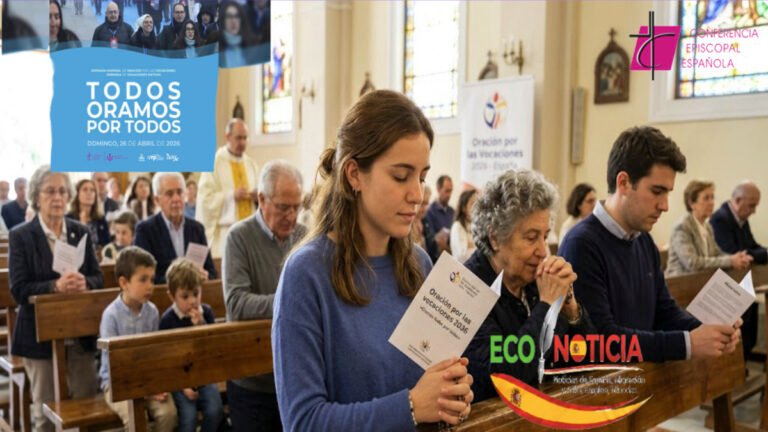 Una joven española reza con un folleto en la Jornada de Oración por las Vocaciones 2026 en una iglesia.