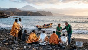 Voluntarios de Cáritas asistiendo a migrantes en las costas de las Islas Canarias con el Teide al fondo.