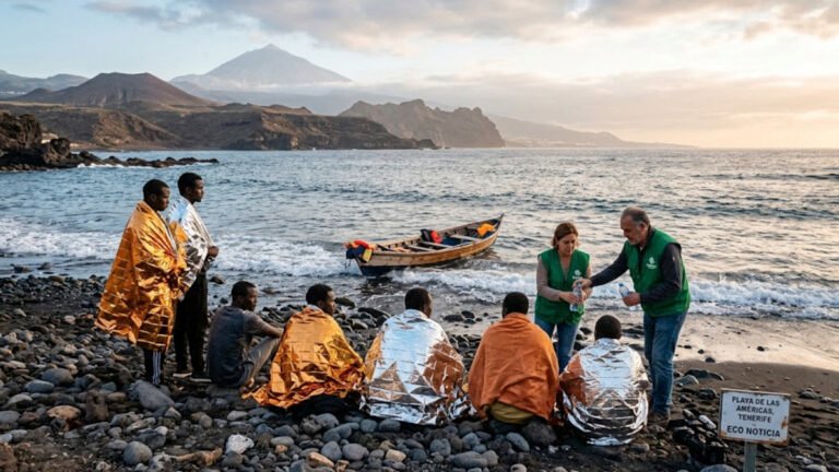 Voluntarios de Cáritas asistiendo a migrantes en las costas de las Islas Canarias con el Teide al fondo.