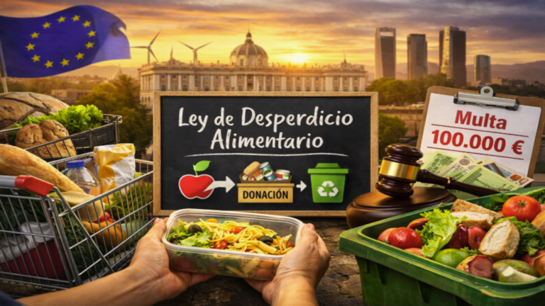 Supermercado en Madrid con un carrito lleno de alimentos, contenedor de sobras, alimentos desechados y un cartel que indica “Ley de Desperdicio Alimentario” con iconos de donación y reciclaje, junto a multa de 100.000 €.
