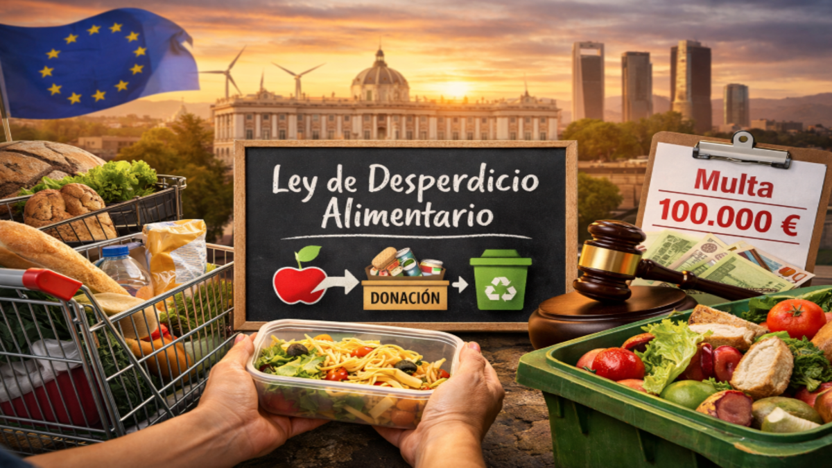Supermercado en Madrid con un carrito lleno de alimentos, contenedor de sobras, alimentos desechados y un cartel que indica “Ley de Desperdicio Alimentario” con iconos de donación y reciclaje, junto a multa de 100.000 €.