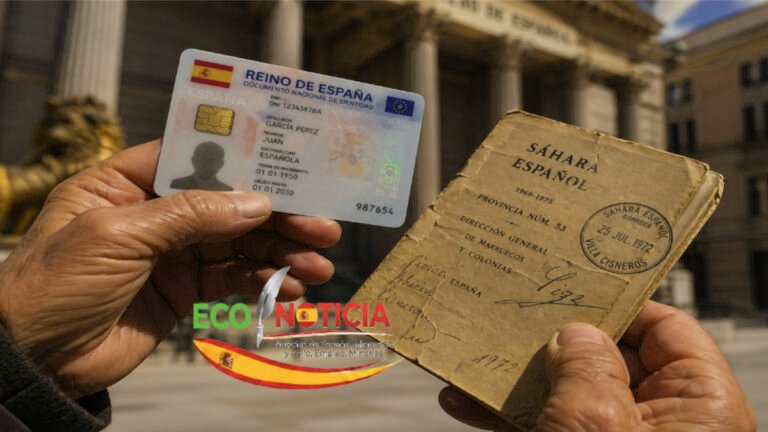 Representación simbólica de la ley de nacionalidad saharaui con documentos históricos y DNI español.