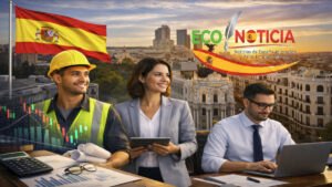 Profesionales de diferentes sectores como tecnología, construcción y negocios con el fondo de Madrid y la bandera de España.