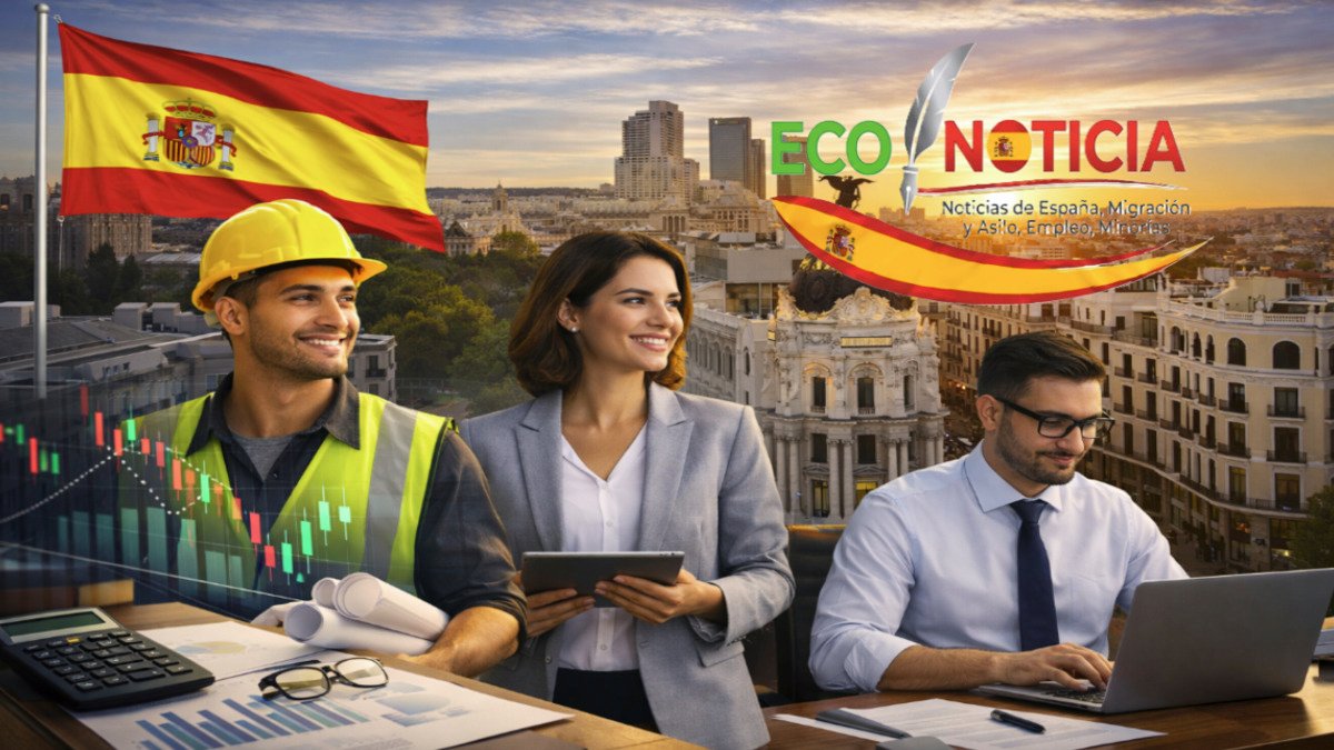 Profesionales de diferentes sectores como tecnología, construcción y negocios con el fondo de Madrid y la bandera de España.