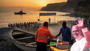 Encuentro del Papa León XIV en Canarias con inmigrantes y rescatistas en la costa de Arguineguín.