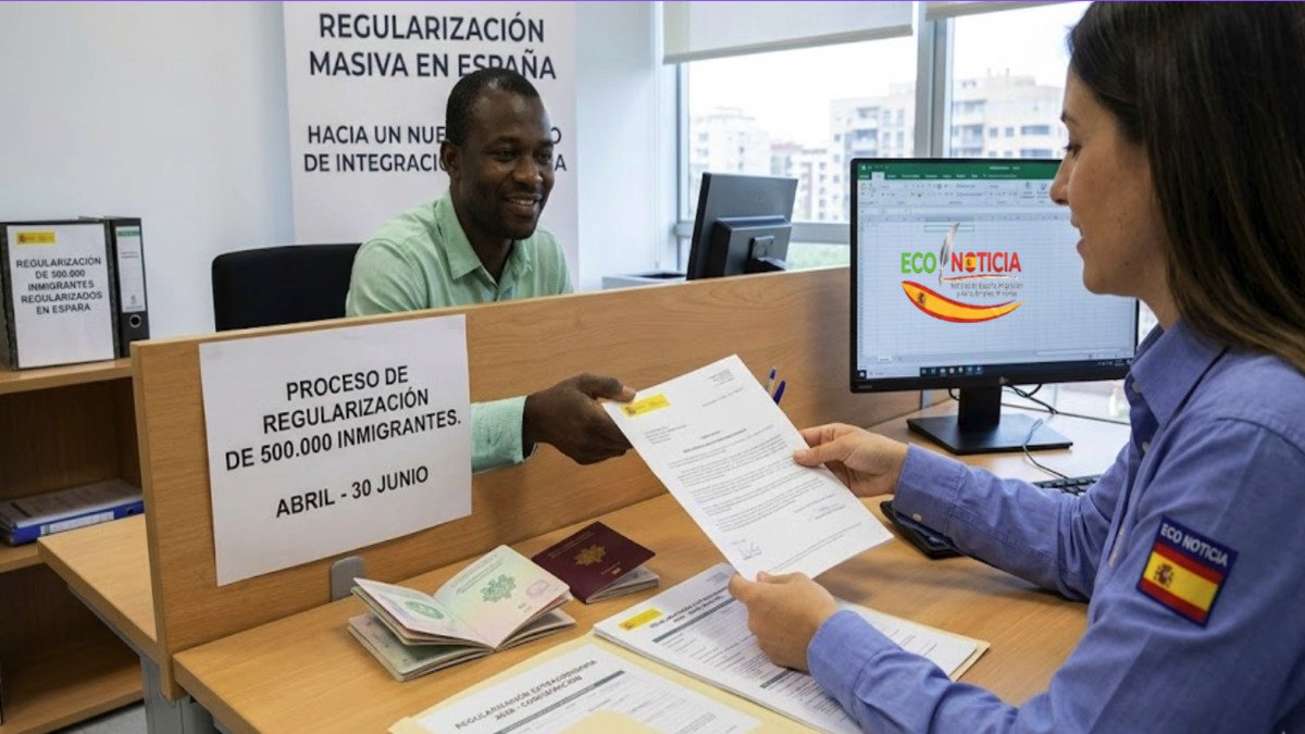 Una funcionaria de extranjería asistiendo a un inmigrante en la presentación de documentos para la regularización de 500.000 inmigrantes irregulares en España, reportado por ECO NOTICIA.