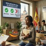 Sala de espera en una oficina de extranjería con una pantalla informativa sobre la regularización inmigrantes España antecedente penal y el logo de ECO NOTICIA.