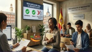 Sala de espera en una oficina de extranjería con una pantalla informativa sobre la regularización inmigrantes España antecedente penal y el logo de ECO NOTICIA.