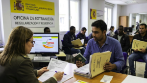 Persona solicitando la regularización de inmigrantes en España con documentos oficiales en mano.