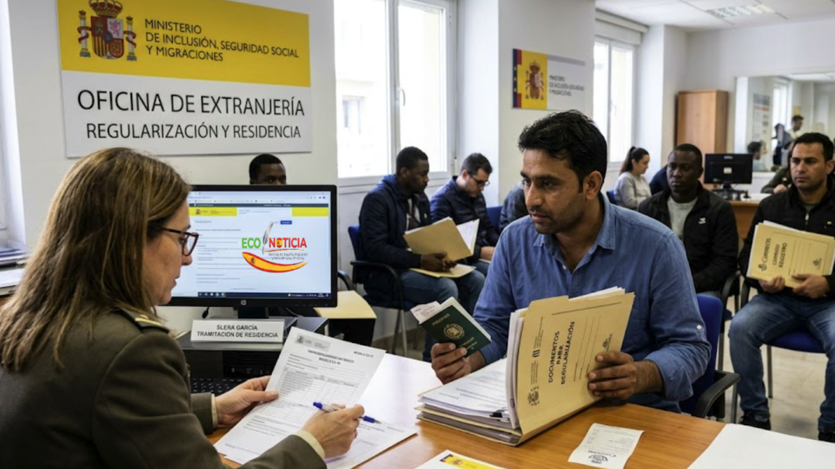 Persona solicitando la regularización de inmigrantes en España con documentos oficiales en mano.