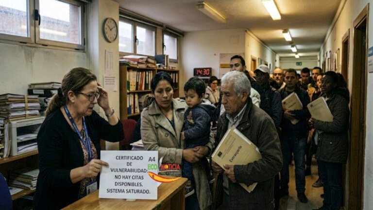 Un grupo de personas esperando en una oficina de servicios sociales en España para tramitar el certificado de vulnerabilidad.