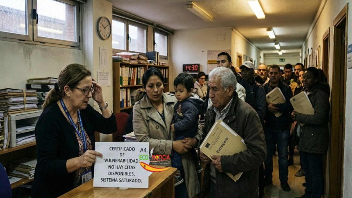 Un grupo de personas esperando en una oficina de servicios sociales en España para tramitar el certificado de vulnerabilidad.