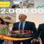Professional infographics for ECO NOTICIA showing the 22 million social security milestone in Spain with workers walking in Madrid and the Ministry logo.