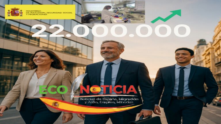 Professional infographics for ECO NOTICIA showing the 22 million social security milestone in Spain with workers walking in Madrid and the Ministry logo.