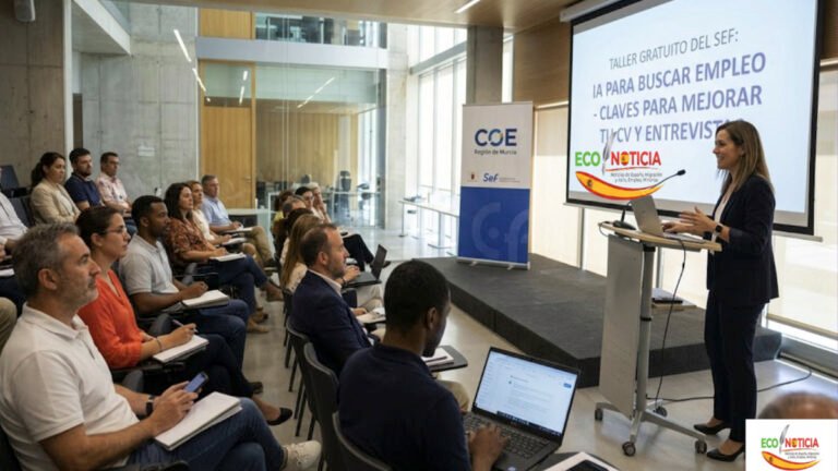 Una experta impartiendo el taller gratuito del SEF sobre inteligencia artificial y búsqueda de empleo en la sede del COE Murcia.