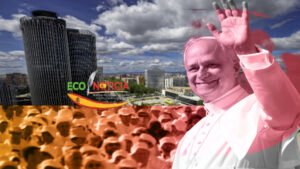 Composición visual del Viaje Apostólico del Papa León XIV a España, mostrando al Pontífice saludando sobre un fondo de la ciudad de Madrid y una multitud de peregrinos.