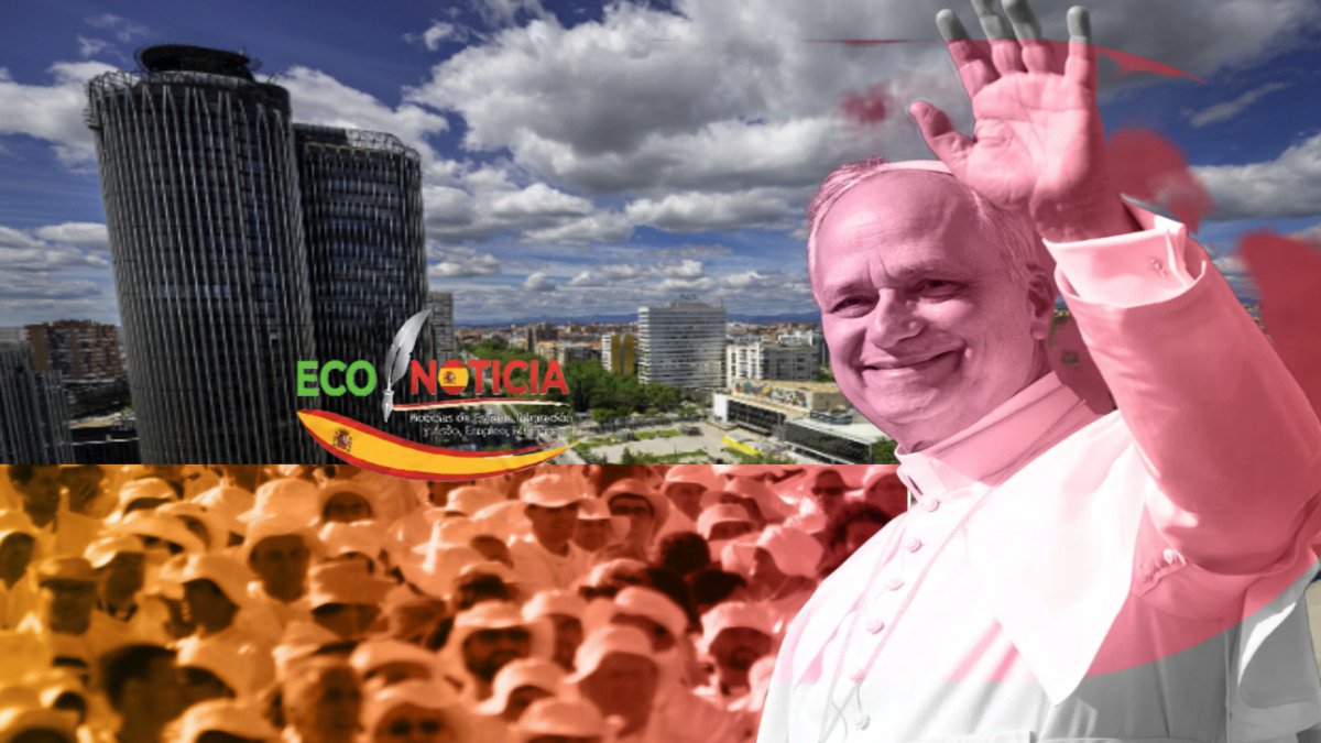 Composición visual del Viaje Apostólico del Papa León XIV a España, mostrando al Pontífice saludando sobre un fondo de la ciudad de Madrid y una multitud de peregrinos.