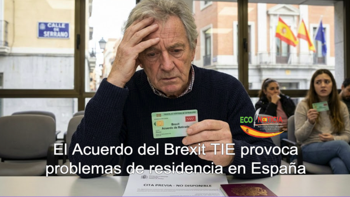 Ciudadano británico preocupado mostrando su tarjeta TIE tras rechazo de renovación en oficina de extranjería en España.
