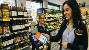 Mujer pagando con la aplicación Bizum mediante tecnología NFC en un supermercado de España.
