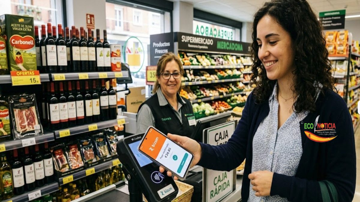 Mujer pagando con la aplicación Bizum mediante tecnología NFC en un supermercado de España.
