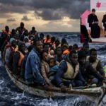 Composición de personas en una embarcación en el mar y rueda de prensa de la Conferencia Episcopal sobre la ayuda cristiana a migrantes.