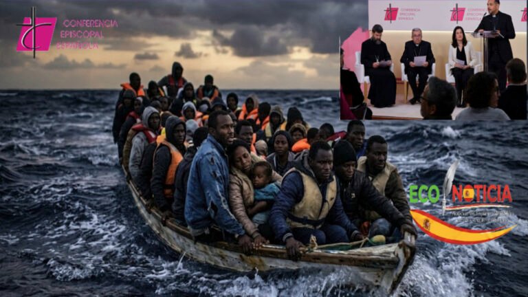 Composición de personas en una embarcación en el mar y rueda de prensa de la Conferencia Episcopal sobre la ayuda cristiana a migrantes.