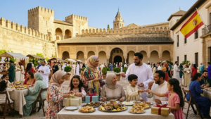 Familias musulmanas celebrando el Eid al-Adha en una plaza histórica de España con una bandera española de fondo.