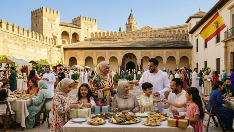 Familias musulmanas celebrando el Eid al-Adha en una plaza histórica de España con una bandera española de fondo.