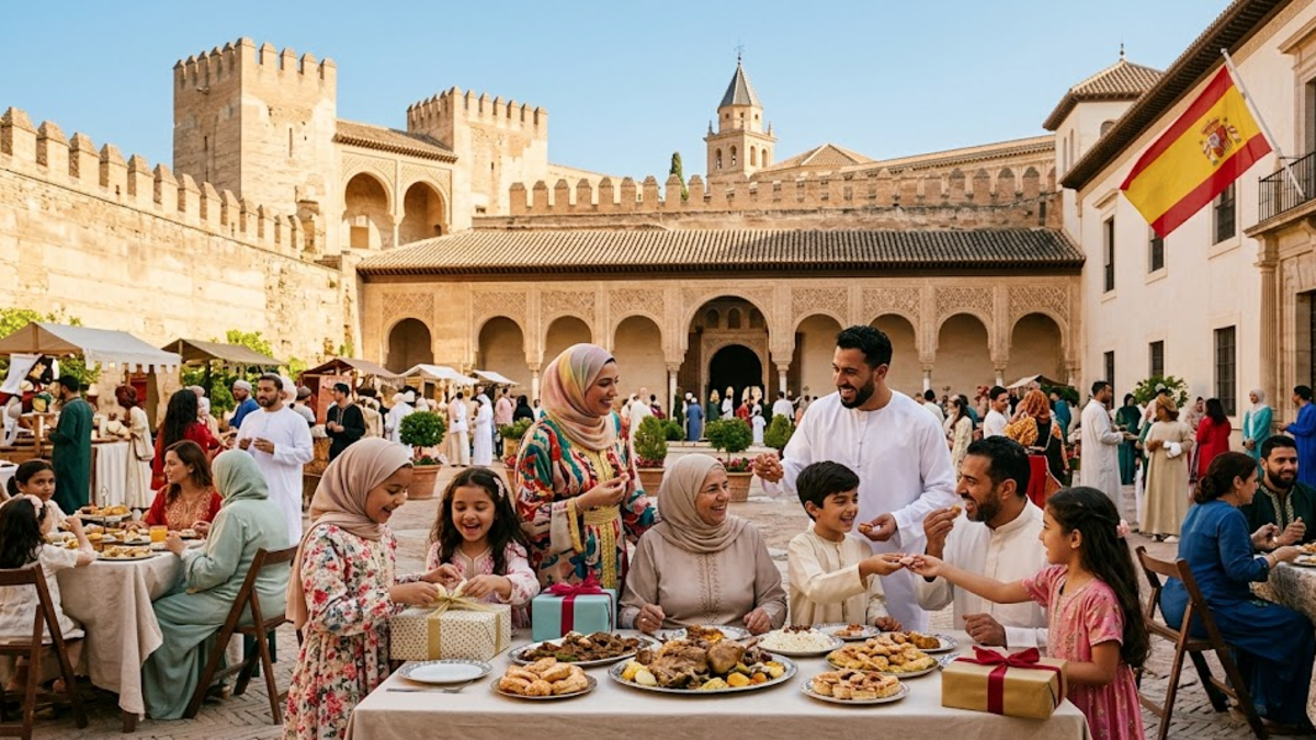 Familias musulmanas celebrando el Eid al-Adha en una plaza histórica de España con una bandera española de fondo.