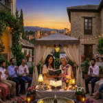 Comunidad bahá'í celebrando la Declaración del Báb en un patio andaluz en Granada, España.