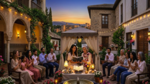 Comunidad bahá'í celebrando la Declaración del Báb en un patio andaluz en Granada, España.