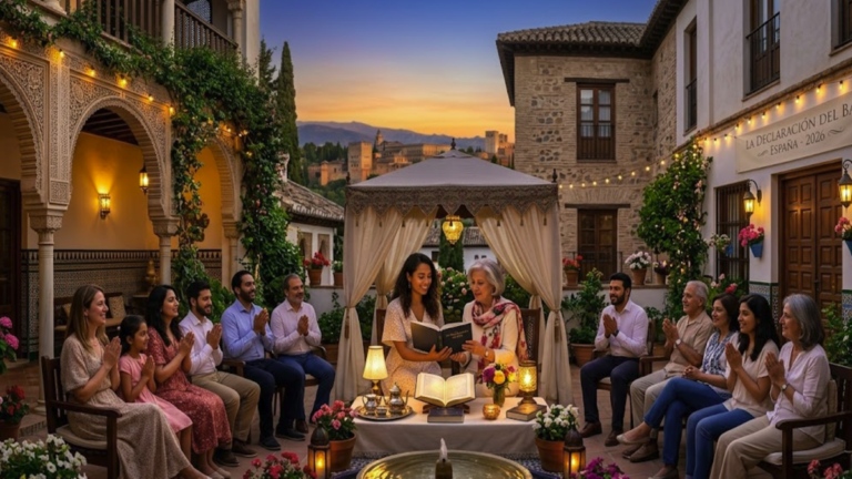 Comunidad bahá'í celebrando la Declaración del Báb en un patio andaluz en Granada, España.