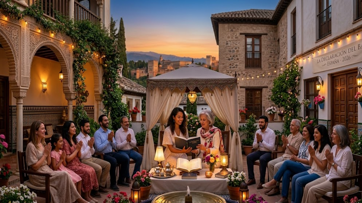 Comunidad bahá'í celebrando la Declaración del Báb en un patio andaluz en Granada, España.