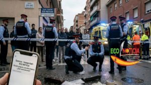 Una escena del crimen acordonada en Esplugues de Llobregat, Barcelona, con agentes de los Mossos d'Esquadra investigando, un cuchillo en el suelo y una ambulancia al fondo, ilustrando la ola de ataques con arma blanca en España según ECO NOTICIA.
