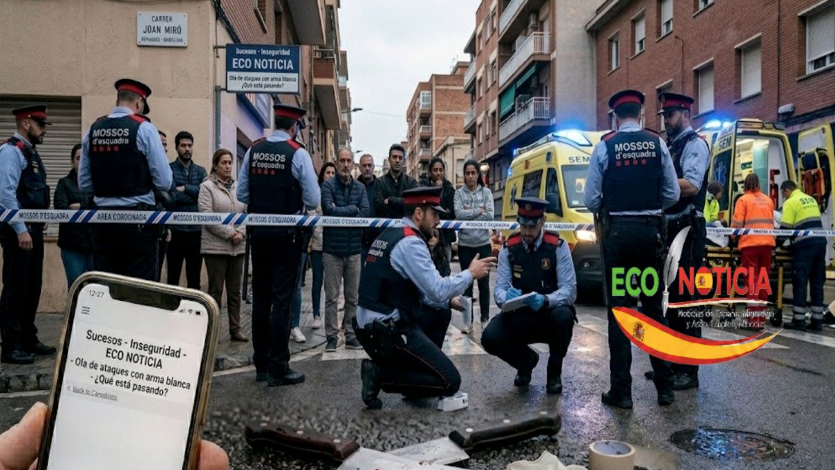 Una escena del crimen acordonada en Esplugues de Llobregat, Barcelona, con agentes de los Mossos d'Esquadra investigando, un cuchillo en el suelo y una ambulancia al fondo, ilustrando la ola de ataques con arma blanca en España según ECO NOTICIA.