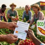 Empresario entregando un contrato de integración a los refugiados y solicitantes de asilo en España en una finca de fresas en Huelva.
