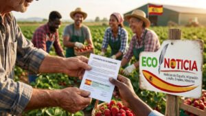 Empresario entregando un contrato de integración a los refugiados y solicitantes de asilo en España en una finca de fresas en Huelva.