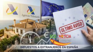 Mano sosteniendo un dictamen motivado de la UE sobre los impuestos a extranjeros en España frente a una vivienda.