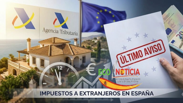 Mano sosteniendo un dictamen motivado de la UE sobre los impuestos a extranjeros en España frente a una vivienda.