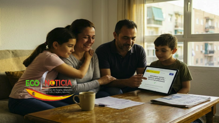 Una familia en su hogar consultando los requisitos para solicitar el Ingreso Mínimo Vital en España.