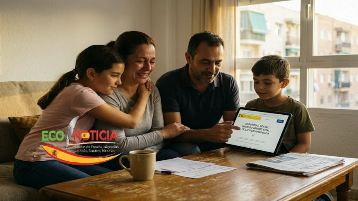 Una familia en su hogar consultando los requisitos para solicitar el Ingreso Mínimo Vital en España.