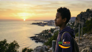 Joven migrante mirando al horizonte, representando la esperanza y los retos de los niños migrantes no acompañados en España.