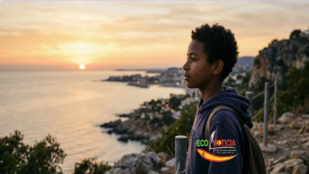 Joven migrante mirando al horizonte, representando la esperanza y los retos de los niños migrantes no acompañados en España.
