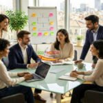 Profesionales en una oficina moderna analizando oportunidades de trabajo en España.