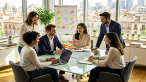 Profesionales en una oficina moderna analizando oportunidades de trabajo en España.